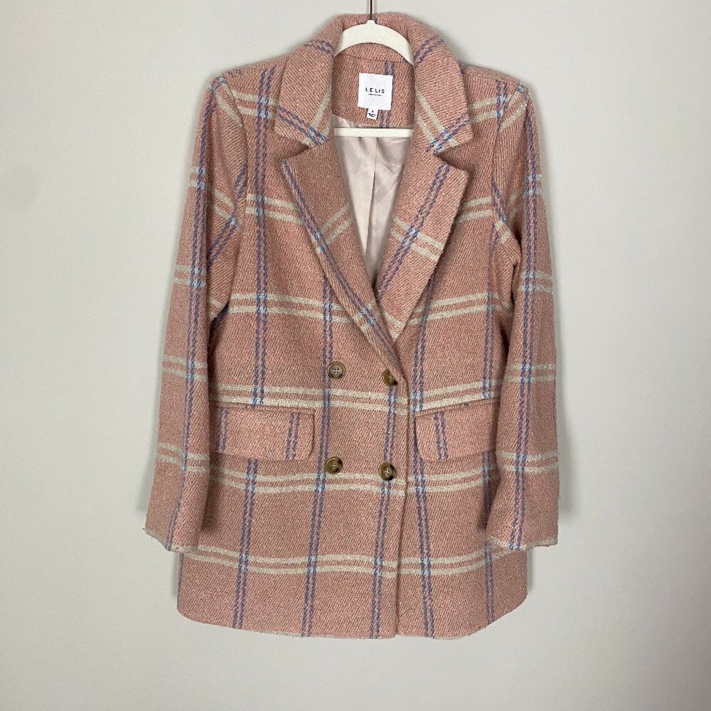 Le Lis Peacoat Double Breasted Pink Plaid Coat Jacket Womens Small Wool Blend